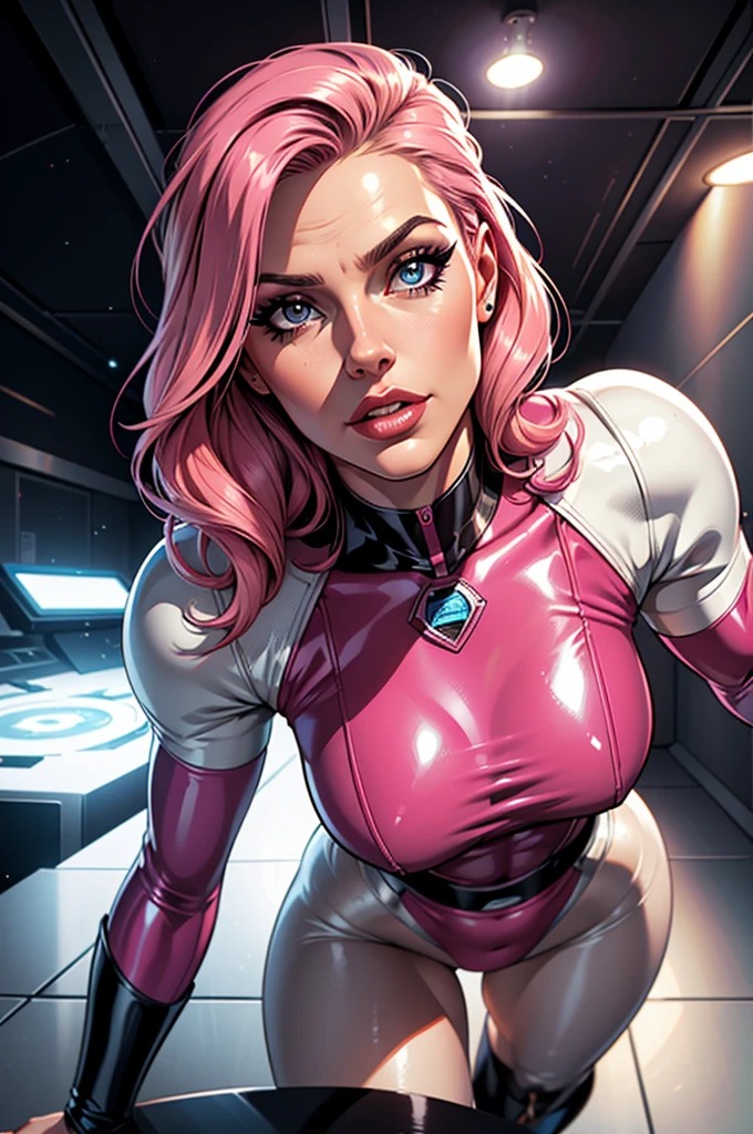 (best quality,8k:1.2,high resolution:1.2),ultra-detalhado,Realistic,science fiction female superhero,retro futurism,pink hair,belos olhos detalhados,beautiful detailed lips,olhos e rosto extremamente detalhados,long eyelashes,latex Leotard,Apertado,white tights,Shiny Metal Accessories,Physically-based rendering,foco nítido,studio lighting,artistas conceituais