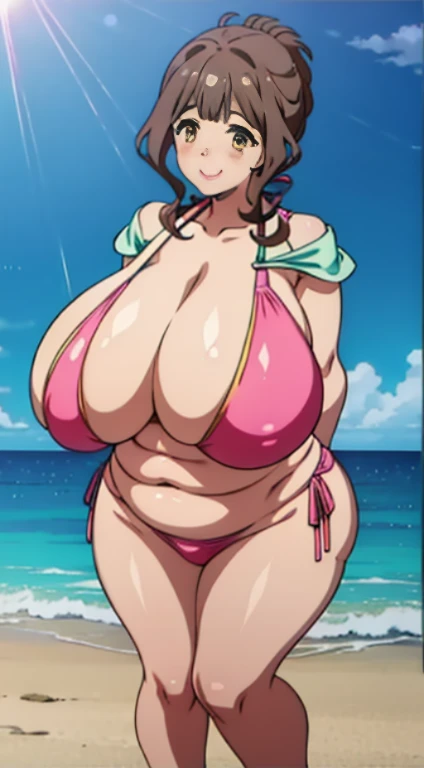 Full body,Solo,1girl in,(huge-breasted:1.2),bikini of,((Spilling out of clothes:1.3)),the beach、Dazzling smile、Strong sunshine、(Plump:1.1),