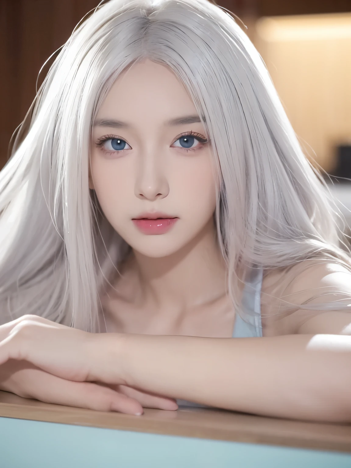 Be a girl with pink skin, pretty eyes (red eyes) as deep as the night sky, Half sad face lying on the table, White hair, looking at you, With anime/Semi-realistic art style