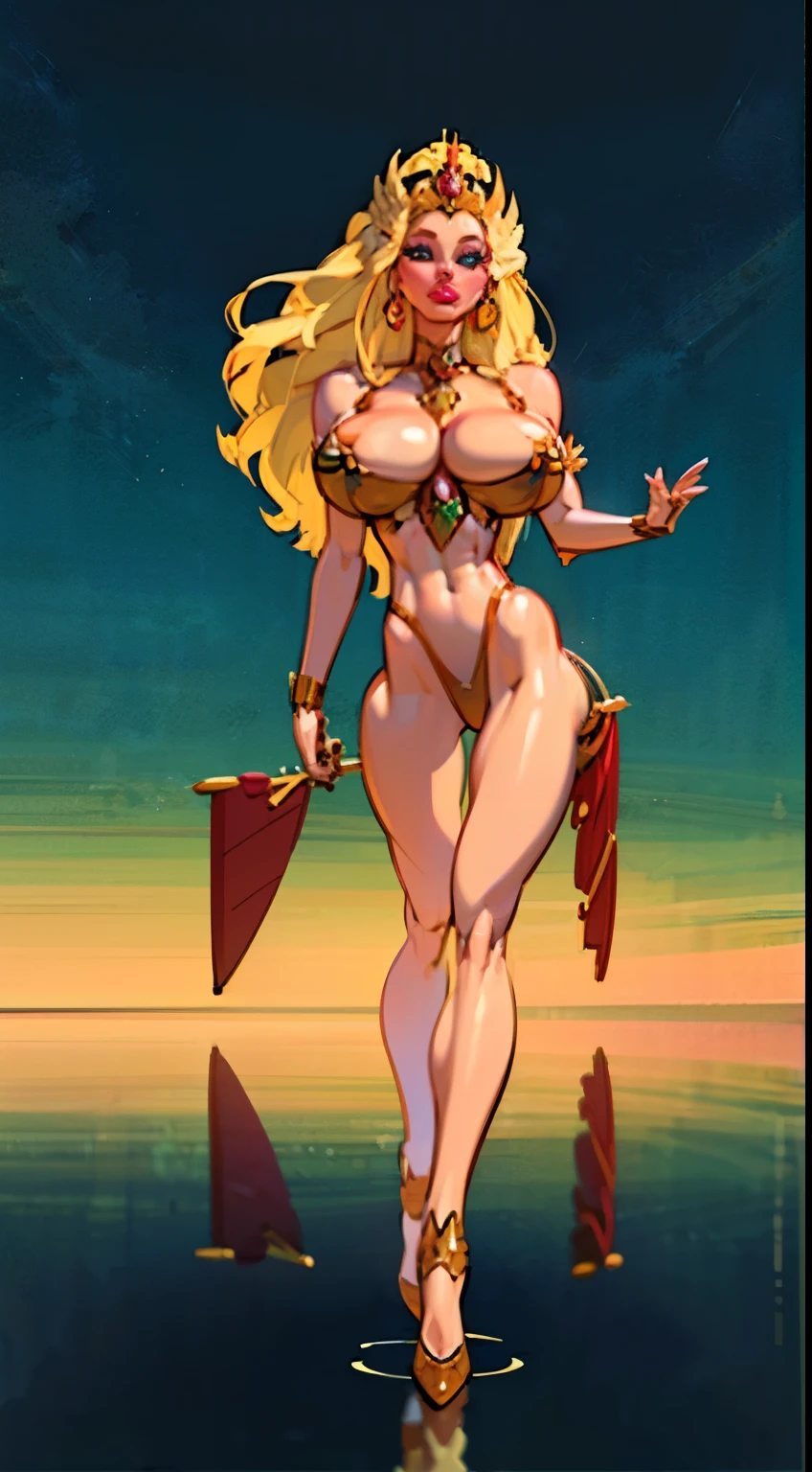 high quaLITY, DEATILED, ((full body view)), futuristic city background, (((masterpiece))),((best quality)),((detailed)),1girl,realistic,(robot_girl,Mecha):1.2,(breasts pressed together), (forehead crown), Ceramic body,Smooth shoulders, golden crown, (full puffy liplonde hair, she-ra aesthetic, (puffy lips:1.4), Network background,Extremely detailed city,(Translucent body.),Reflective skin),thigh_gap,Detail face,long_hair,8k,Best quality,Super delicate,(Surreal:1.4),(gigantic breasts:1.2),
