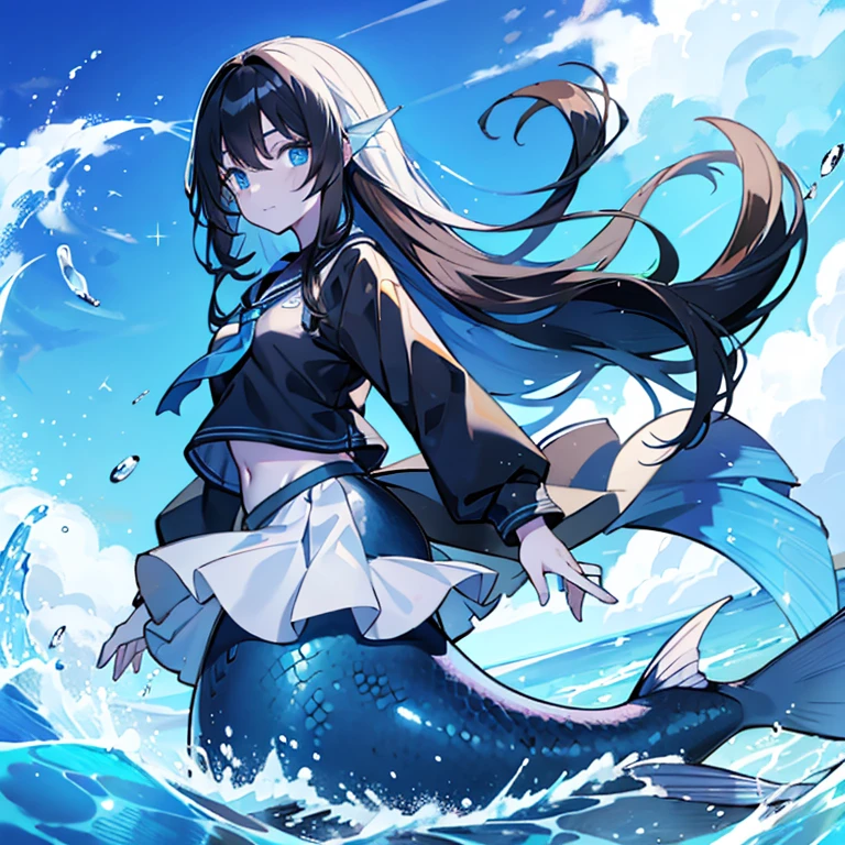 A mermaid girl wearing a school top and skirt, she has blue eyes, long black hair, a blue scaly fish tail and white skin with a seaside background.