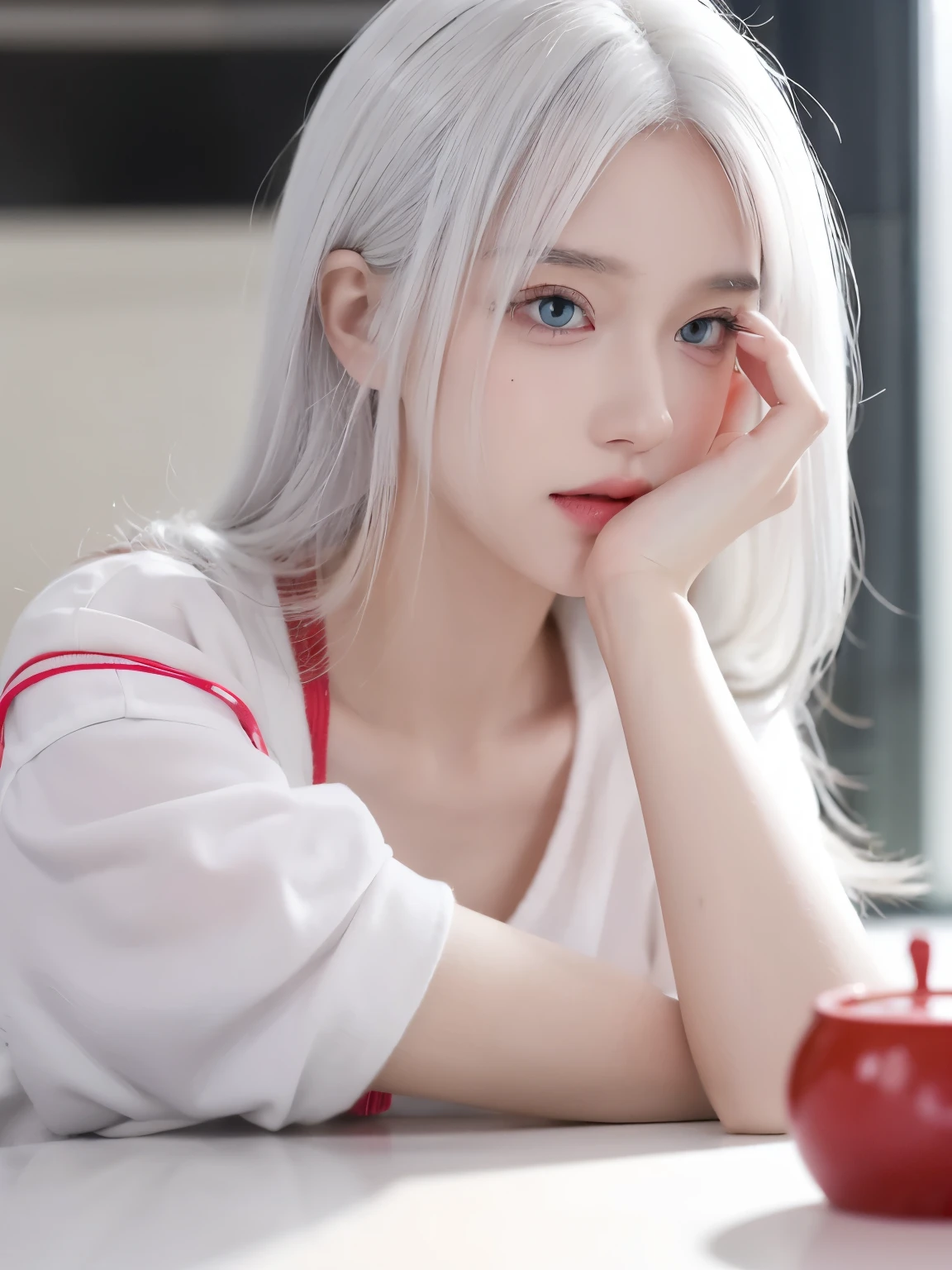 Be a girl with pink skin, pretty eyes (red eyes) as deep as the night sky, Half sad face lying on the table, White hair, looking at you, With anime/Semi-realistic art style
