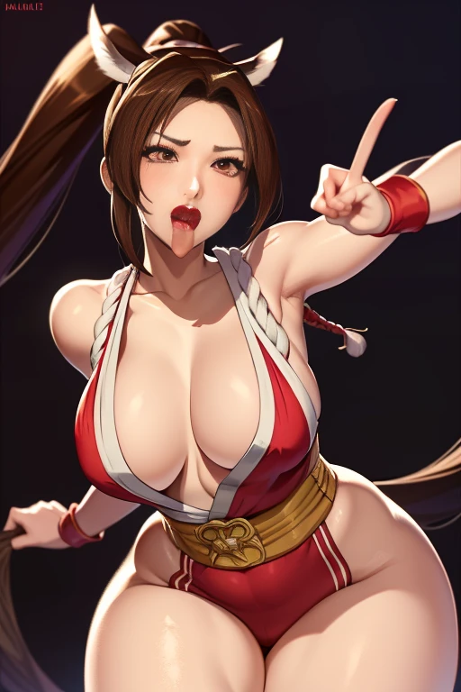 8K, Super detail, ccurate, Best quality, Masterpiece, Super detail, ，1girll，mai shiranui，Face focus，Single horsetail，Peace sign，Open mouth, Blush, Tongue stock, Tongue out, saliva, Rolling eyes