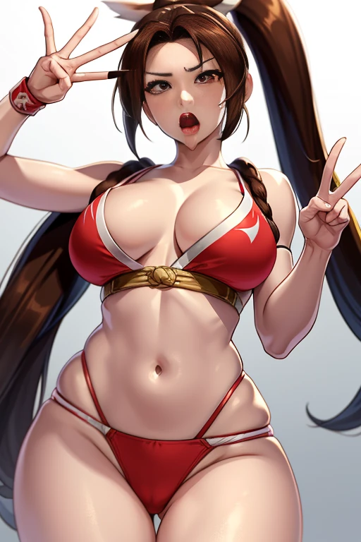 8K, Super detail, ccurate, Best quality, Masterpiece, Super detail, ,1girll,mai shiranui,Face focus,Single horsetail,Peace sign,Open mouth, Blush, Tongue stock, Tongue out, saliva, Rolling eyes