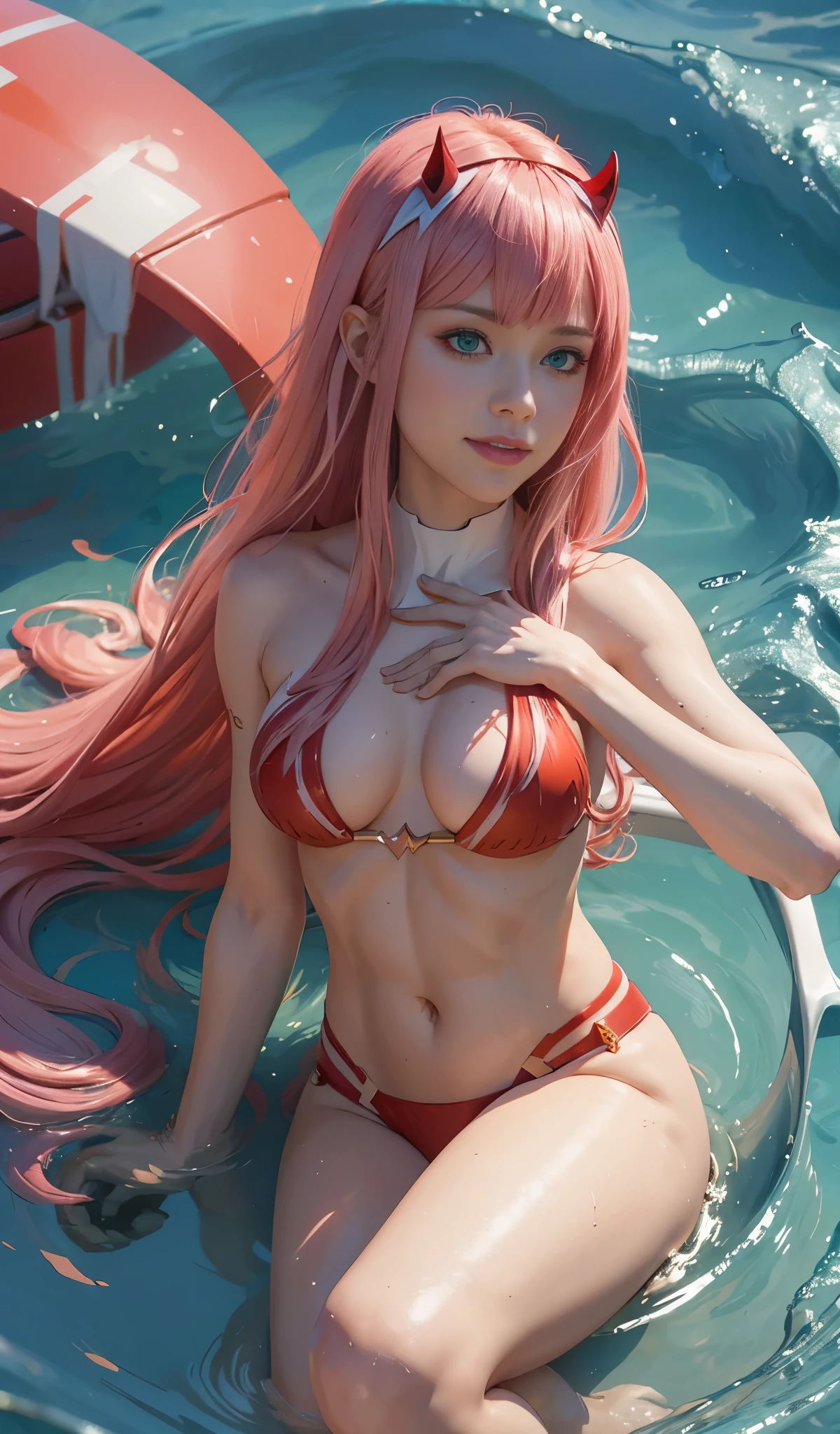 Very detailed background, Masterpiece, Best Quality, 1 woman, 独奏, mature muscular woman, abdominals, ((Masterpiece, Best Quality)), Better aesthetics, Zero Two, , (Evil grin), (darling in the franxx), darling in the franxx , Bangs, Acrimonious , blusher, ombre, Green eyes, Hair behind the head, hand on the belly, Horns, Long hair, looking at the viewer, makeup, bathing suit, red micro bikini, pink hair, red ombre, On the sea beach, Sandy beach, skin stretched,