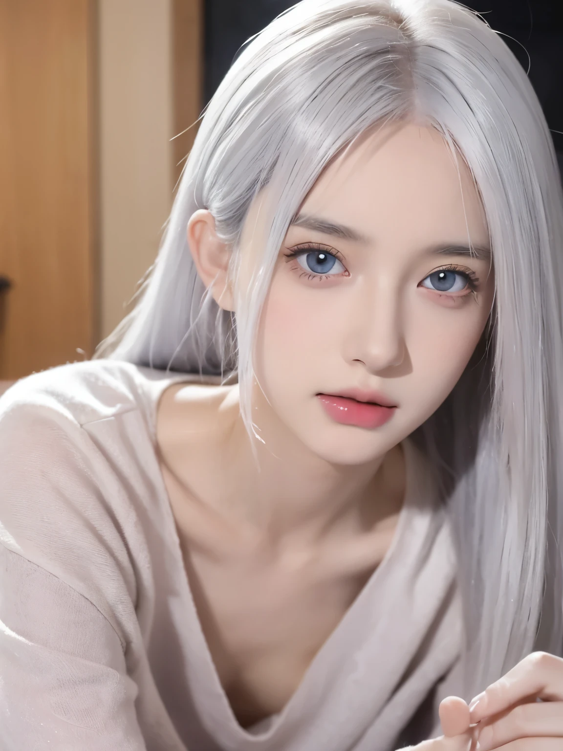 Be a girl with pink skin, pretty eyes (red eyes) as deep as the night sky, Half sad face lying on the table, White hair, looking at you, With anime/Semi-realistic art style