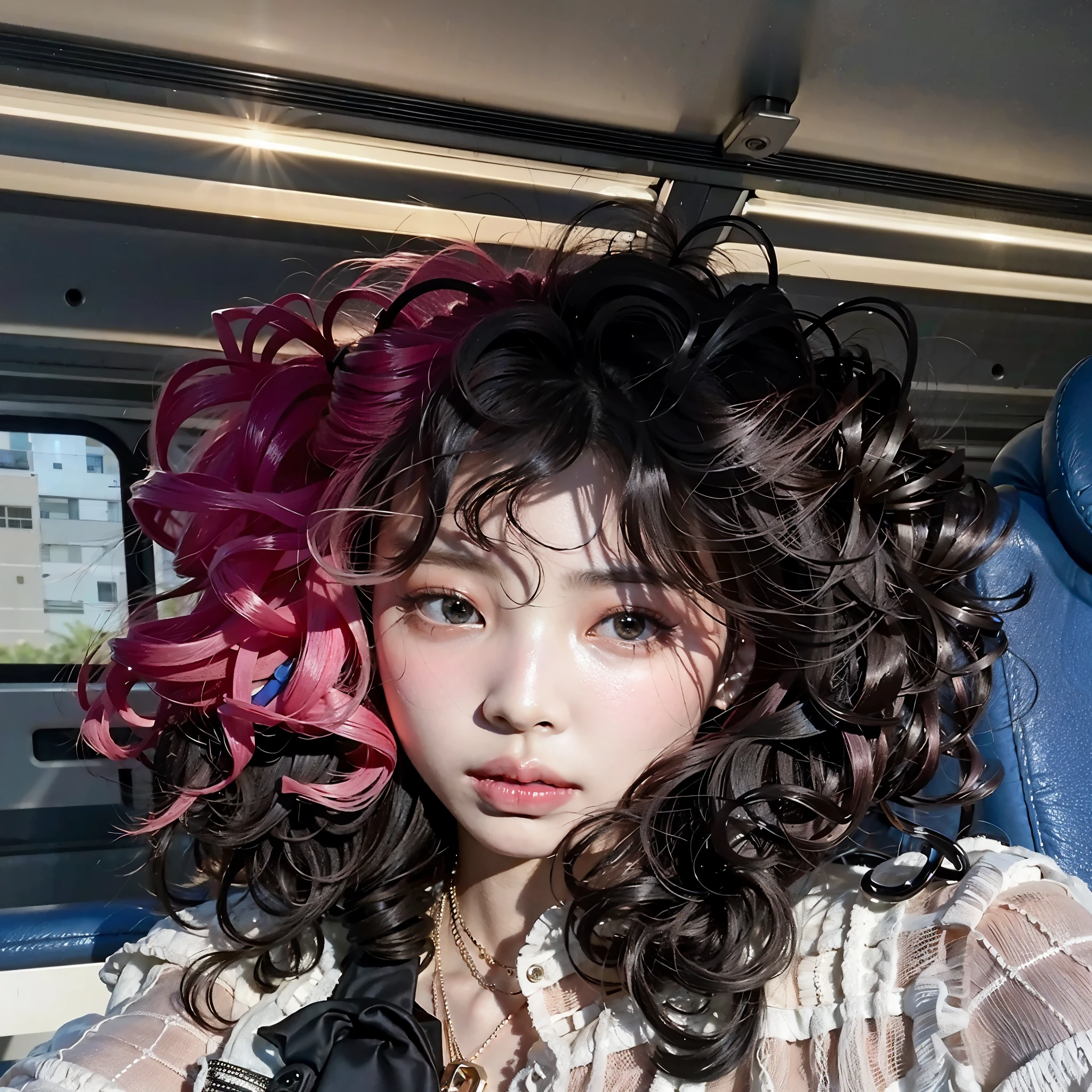 there is a woman com cabelo rosa sitting on a bus, cabelo rosa encaracolado, huge cabelo rosa encaracolado, parece uma mistura de grimes, she parece uma mistura de grimes, assemelhando-se a uma mistura de grimes, parece uma mistura de grimes, com cabelo rosa, franja encaracolado, gigantic tight pink ringlets, cabelo de duas cores, Destaques rosa brilhante