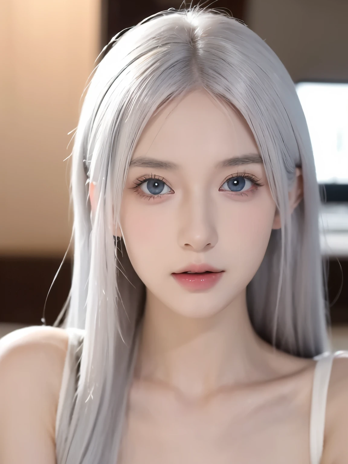 Be a girl with pink skin, pretty eyes (red eyes) as deep as the night sky, Half sad face lying on the table, White hair, looking at you, With anime/Semi-realistic art style