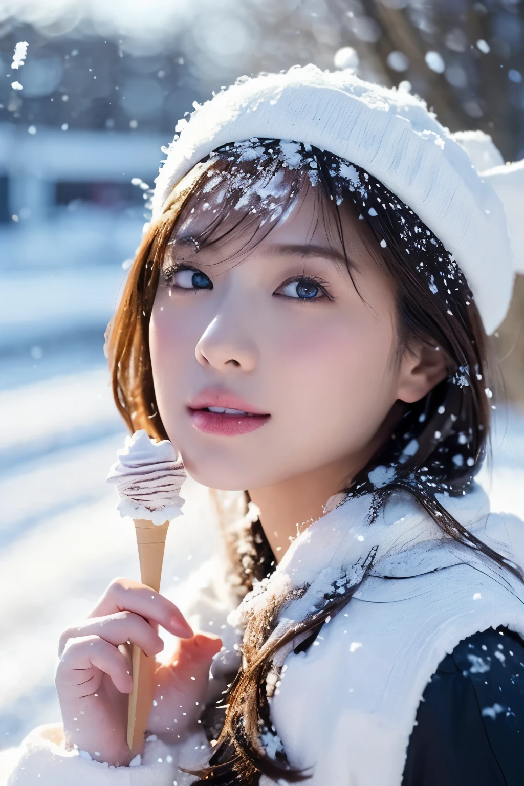 1fille dans, (Déguisement de cristal:1.2), Belle actrice japonaise,
(Photo brute, Best quality), (Realstic, photoreallistic:1.4), (masutepiece), photogenic,
princesse des neiges, beautiful detailed  eyes, beautiful detailed lips, extremely detailed eyes and face, Cils longs,
Boucles d&#39;oreilles flocon de neige,
CASSER
(Champ de neige de Laponie en hiver), 
Sparkling snowflakes, ethereal beauty, flocons de neige tourbillonnants, arbres enneiges々, 
Poudreuse, snowy mountain, Souffle ice cream,
A beautiful world of light, (De nombreux gros flocons de neige dansent et brillent de mille feux.:1.4), Danse de Lumière,
palette de couleurs bleu et argent, dramatic lighting, 
CASSER Perfect Anatomy, slender body, petit, cheveux moyens, separated bangs, Le sourire de l&#39;ange,
peau cristalline, yeux clairs, Accrocheur