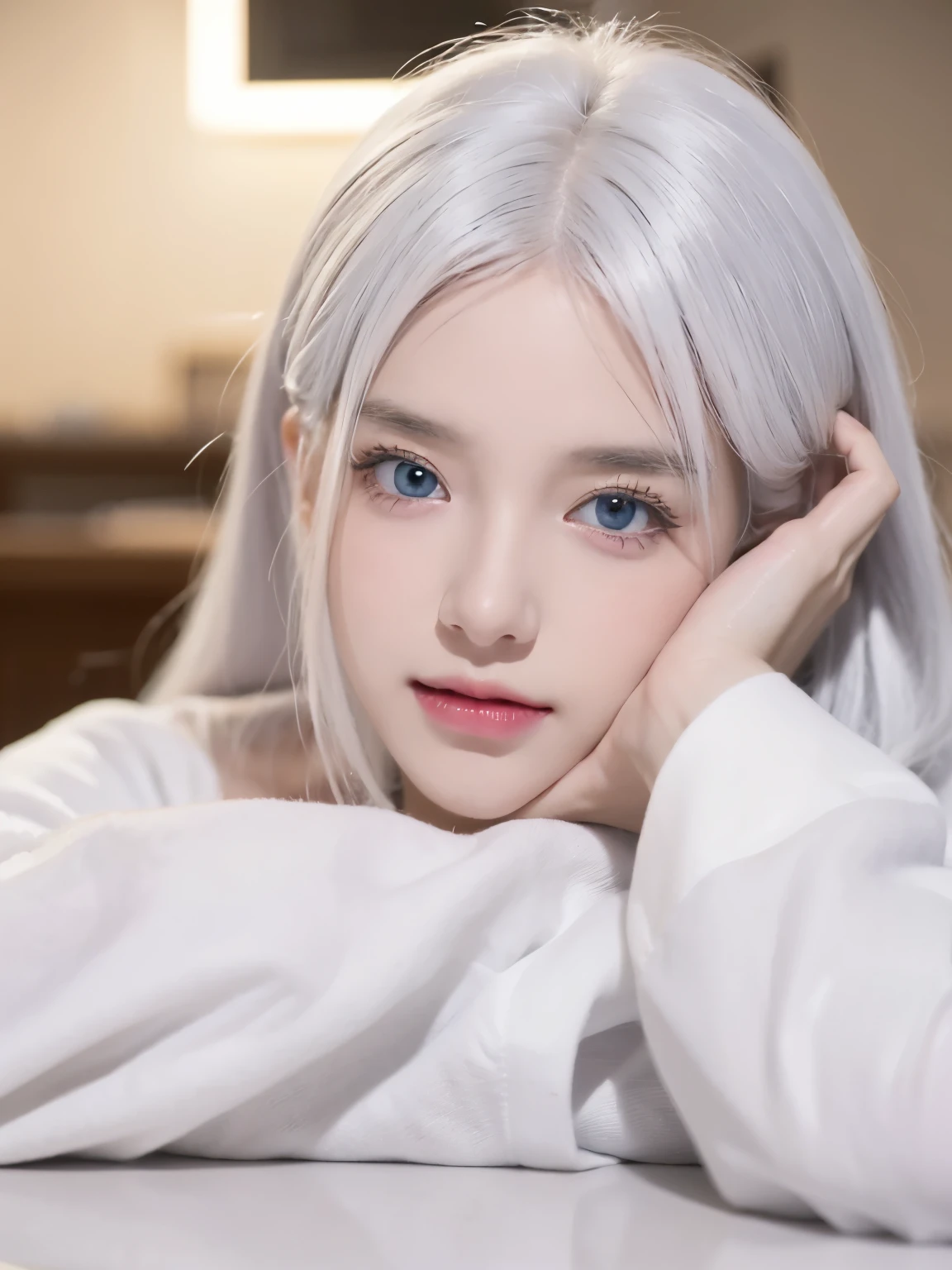 Be a girl with pink skin, pretty eyes (red eyes) as deep as the night sky, Half sad face lying on the table, White hair, looking at you, With anime/Semi-realistic art style