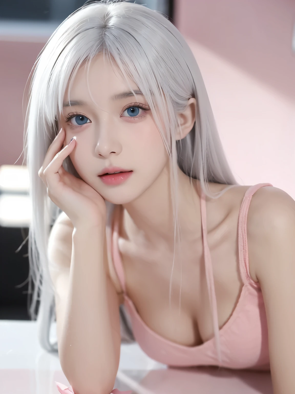 Be a girl with pink skin, pretty eyes (red eyes) as deep as the night sky, Half sad face lying on the table, White hair, looking at you, With anime/Semi-realistic art style