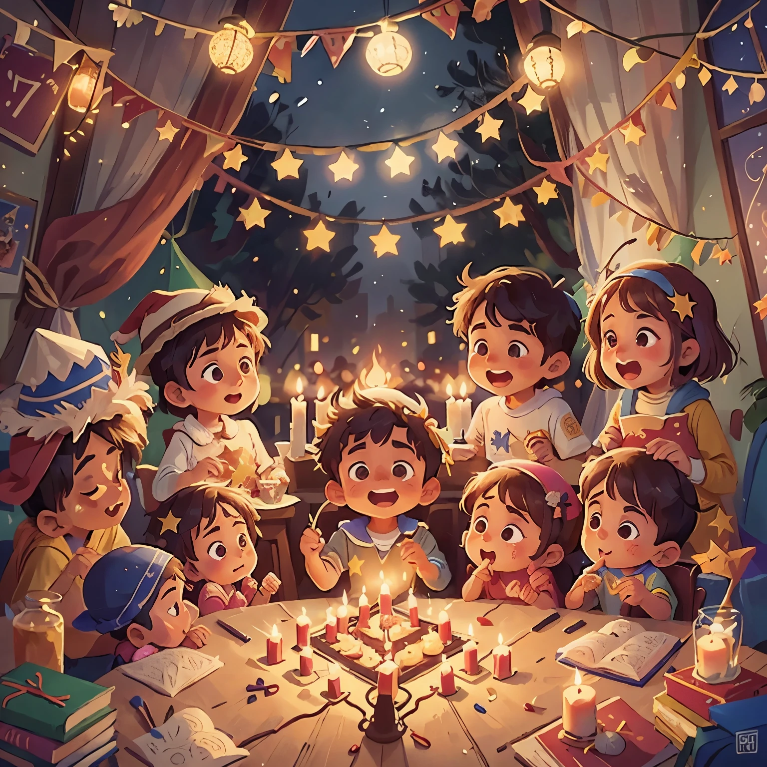 vacation illustration, Fiesta de las Luces, Hanukkah, 9 velas, estrella de david, children and adults celebrating