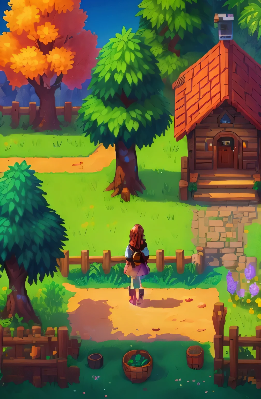 (masterpiece, best quality, high res), a girl in Stardew Valley, Secret Woodland, A hidden area within the valley, filled with ancient trees and magical creatures. with many details, 8k