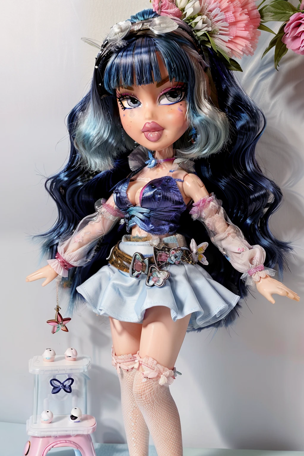 Bratz girl with detailed heterochromia eyes and big lips and blue hair, wearing versace blue flowers dress , full body , plastic skin , doll joints , ,(masterpiece, top quality, best quality, beautiful and aesthetic:1.2), tatara kogasa, doll, revealing clothes, big head, 1girl, solo, breasts, curvy, wide hips, narrow waist, joints, doll joints, cleavage, bursting breasts, huge breasts, lips, 1girl,heterochromia, blue hair,short hair,long sleeves, cross-laced clothes, blue skirt, full body, high heels, thighhighs, long legs,