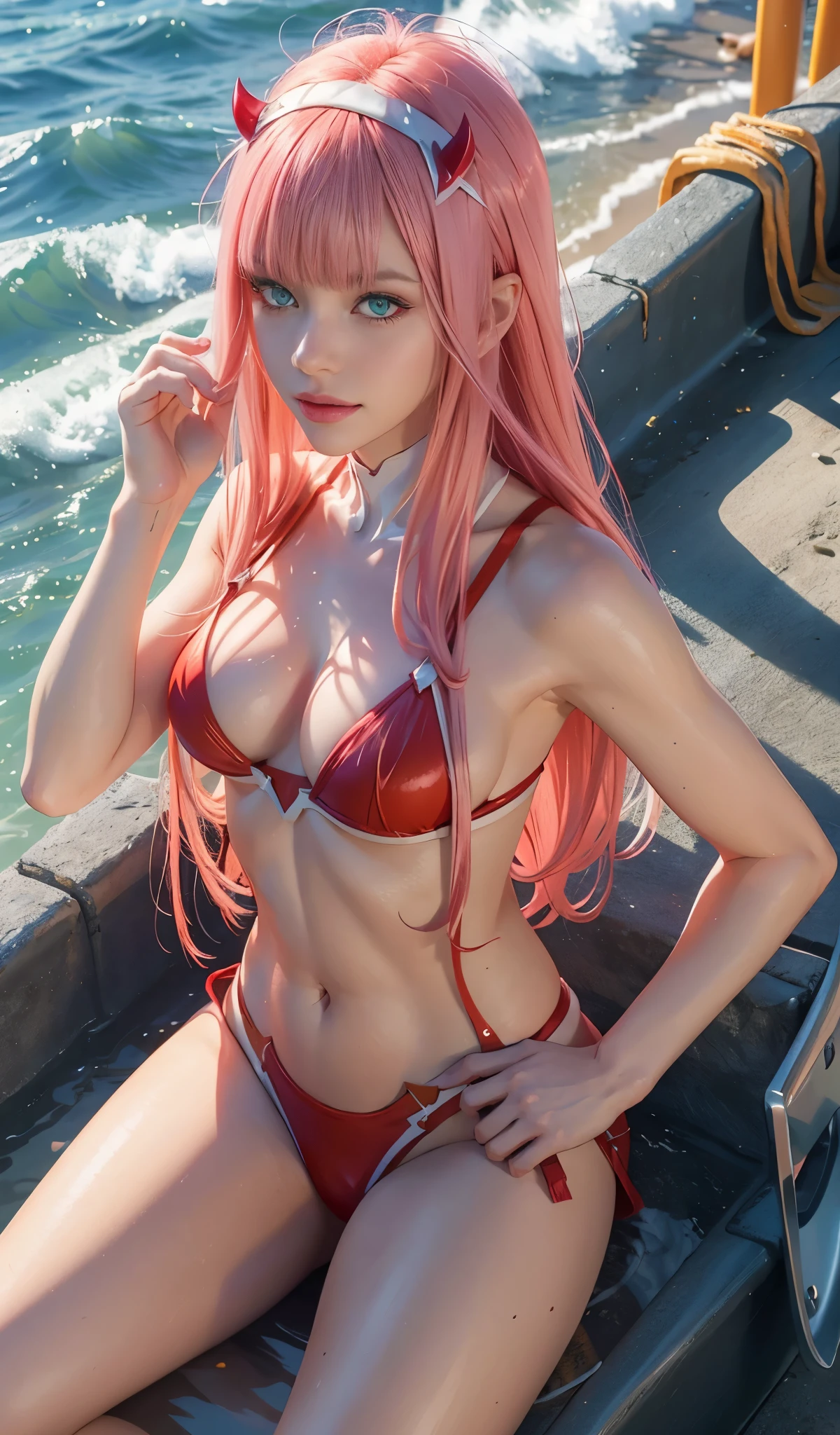 Very detailed background, Masterpiece, Best Quality, 1 girl, European Girl, 独奏, mature muscular girl, abdominals, ((Masterpiece, Best Quality)), Better aesthetics, Zero Two, , (Evil grin), (darling in the franxx), darling in the franxx , Bangs, Acrimonious, blusher, ombre, Green eyes, Hair behind the head, hand on the belly, Horns, Long hair, looking at the viewer, makeup, bathing suit, Red microbikini, pink hair, red ombre, On the sea beach, sandy beach, skin stretched, lying on sand, overhead view