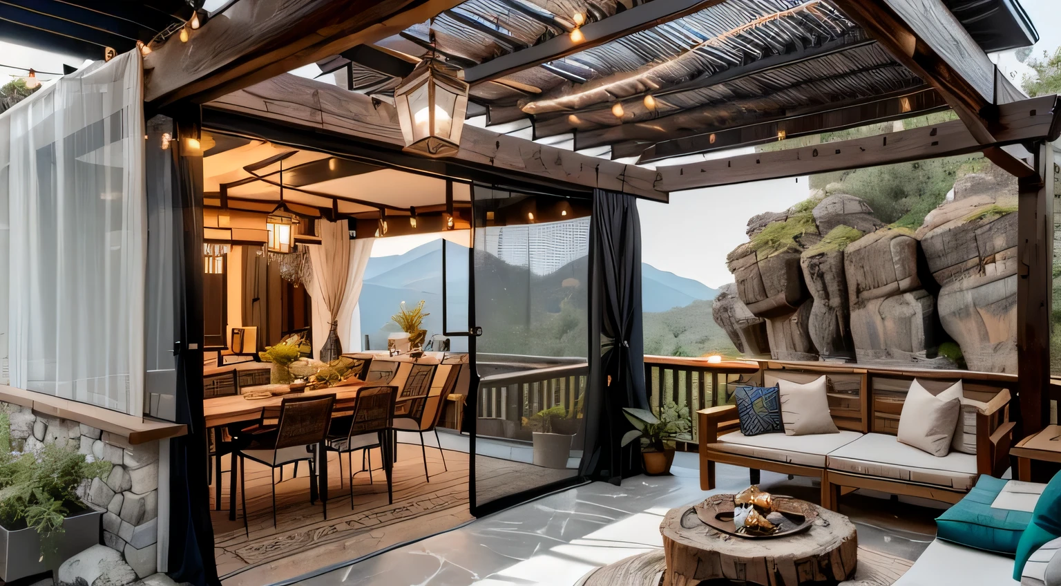 a view of a veranda with rocky walls , and a wooden pergola, a couch and a table, a 3 pcs sliding door, with black aluminium frames, outdoor living room furniture, a coffee table, a wooden couch , two wooden chairs, cozy style, boho style, boho, cozy, lighting , marble glossy floor