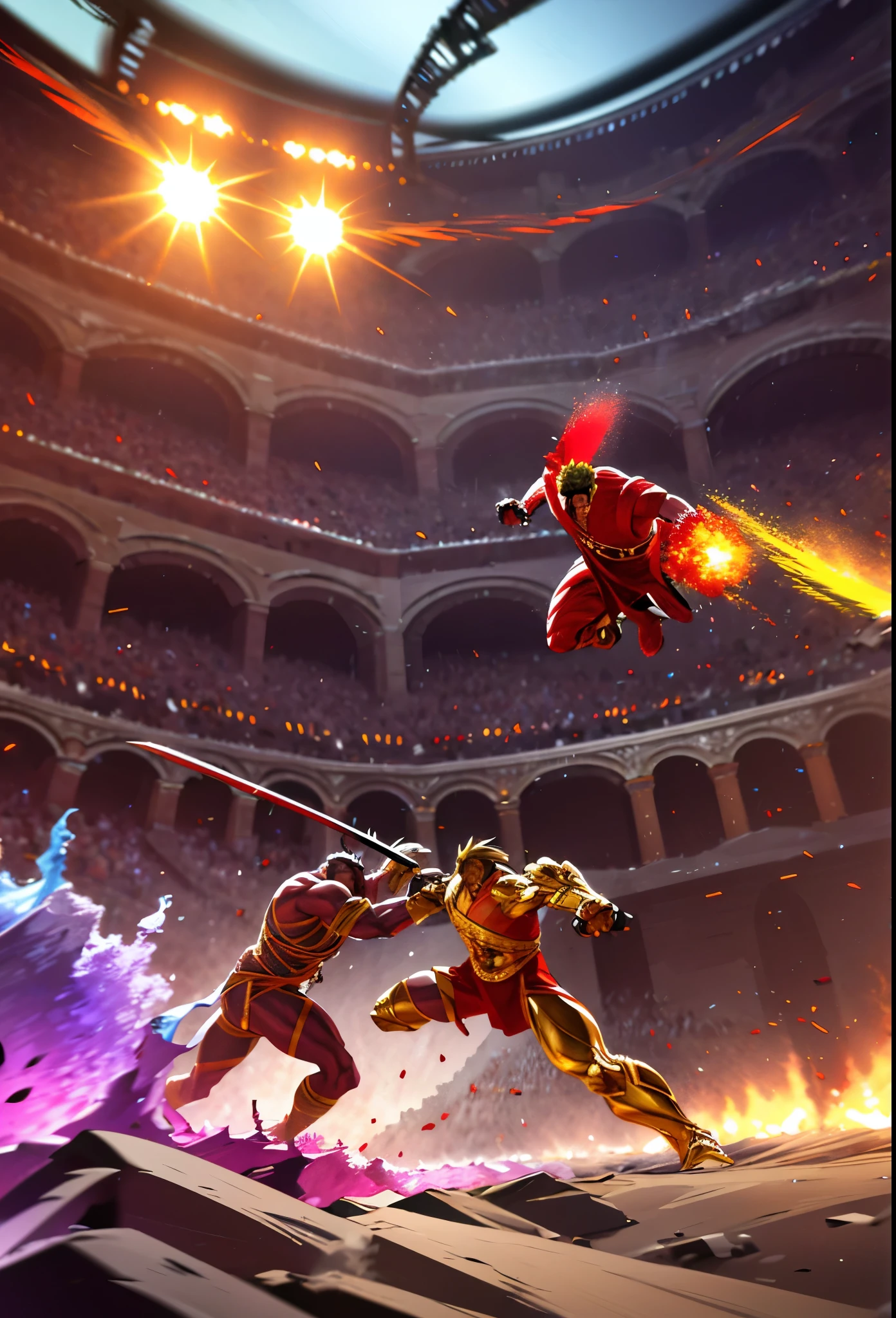 (best quality,highres,masterpiece:1.2),ultra-detailed,realistic, HDR, studio lighting, vibrant colors, dynamic fight scene, motion blur, emphasized lines, sparks, plasma, aura, two gladiators engaged in a ferocious battle, Roman Colosseum, arena and blood, clashing swords.