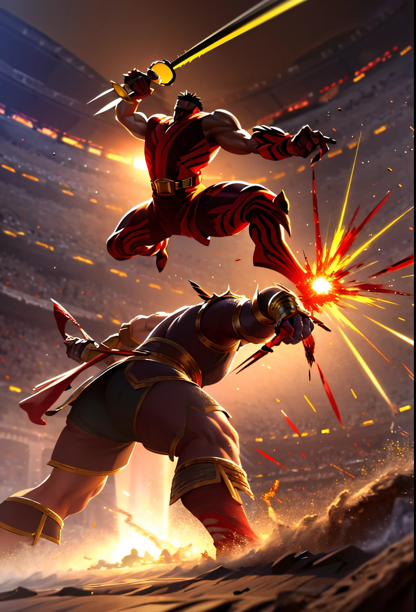 (best quality,highres,masterpiece:1.2),ultra-detailed,realistic, HDR, studio lighting, vibrant colors, dynamic fight scene, motion blur, emphasized lines, sparks, plasma, aura, two gladiators engaged in a ferocious battle, Roman Colosseum, arena and blood, clashing swords.