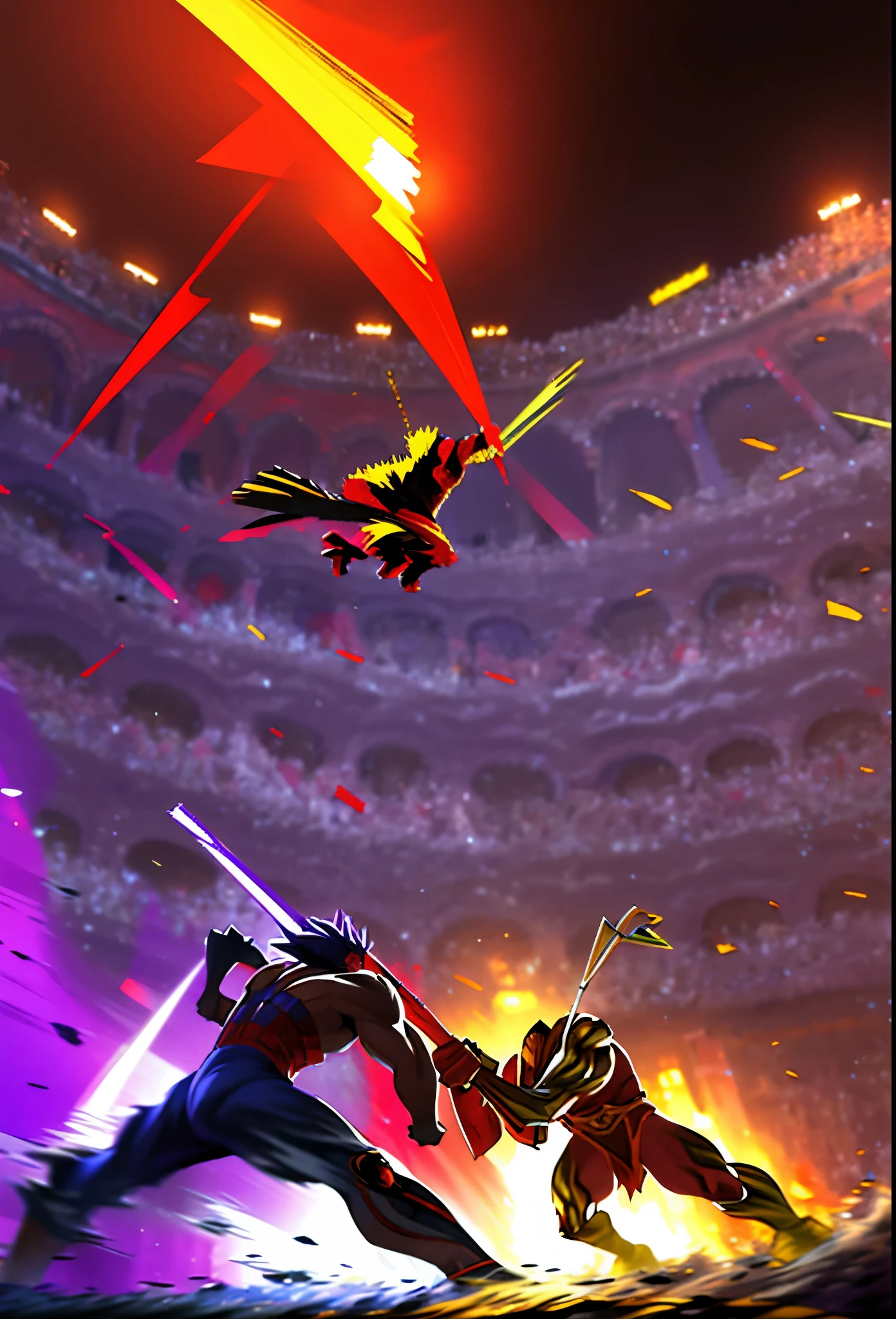 (best quality,highres,masterpiece:1.2),ultra-detailed,realistic, HDR, studio lighting, vibrant colors, dynamic fight scene, motion blur, emphasized lines, sparks, plasma, aura, two gladiators engaged in a ferocious battle, Roman Colosseum, arena and blood, clashing swords.
