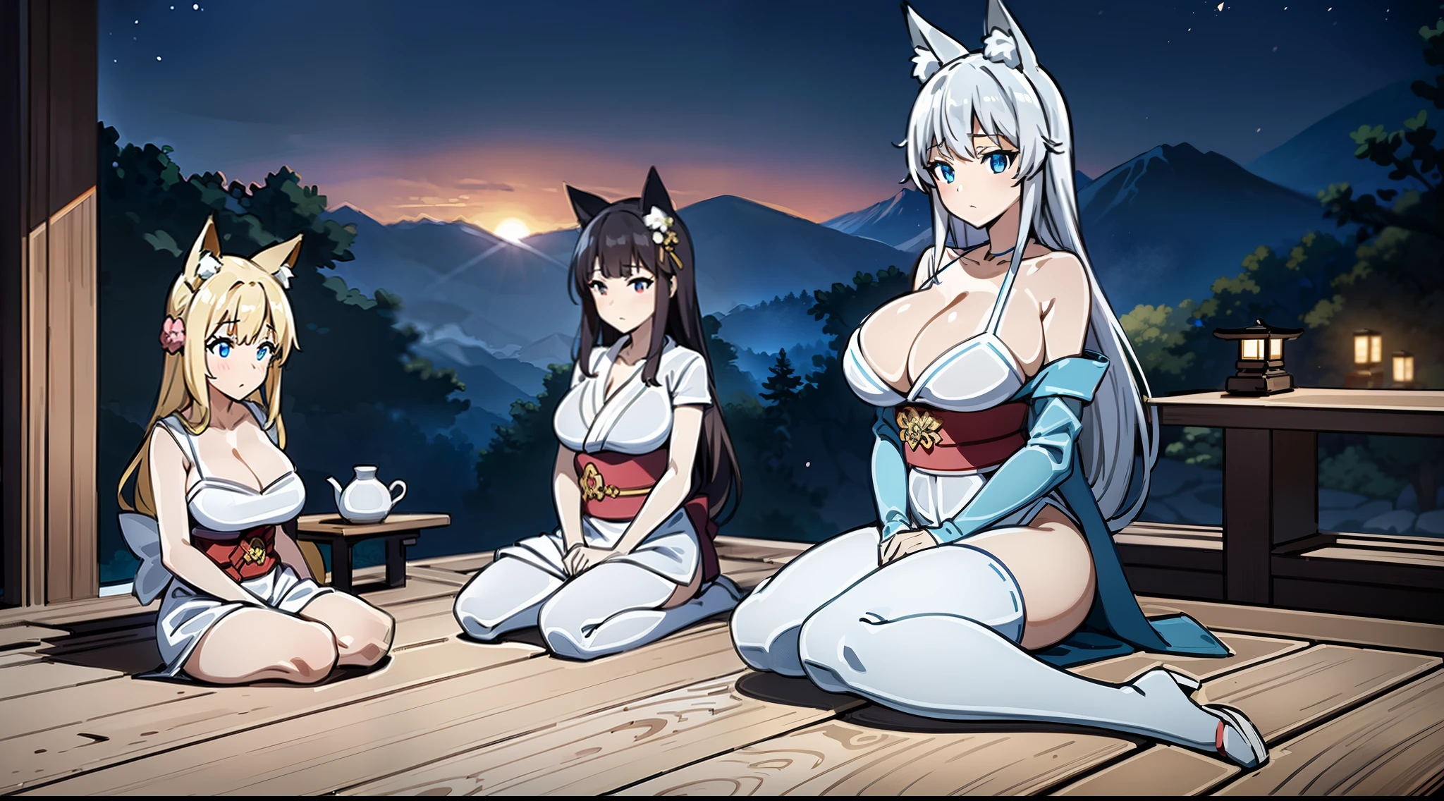 (masterpiece), best quality, expressive eyes, perfect face, luxury japanese style mountain temple background, 3girls, white and blue japanese dress, cleavage, massive large breasts, animal ears, fox ears, sensual, late evening, full body, relaxing, flowers, open air tea ceremony