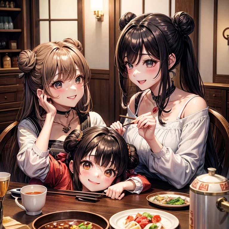 animesque、a beauty girl、Adult woman、a room、Family Gatherings、Dining、pans、chopsticks、a smile、Brown hair、Black eyes glow、へにょへにょしたa smile、Bun hair