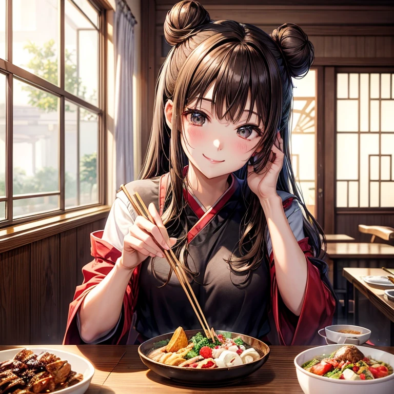 animesque、a beauty girl、Adult woman、a room、Family Gatherings、Dining、pans、chopsticks、a smile、Brown hair、Black eyes glow、へにょへにょしたa smile、Bun hair