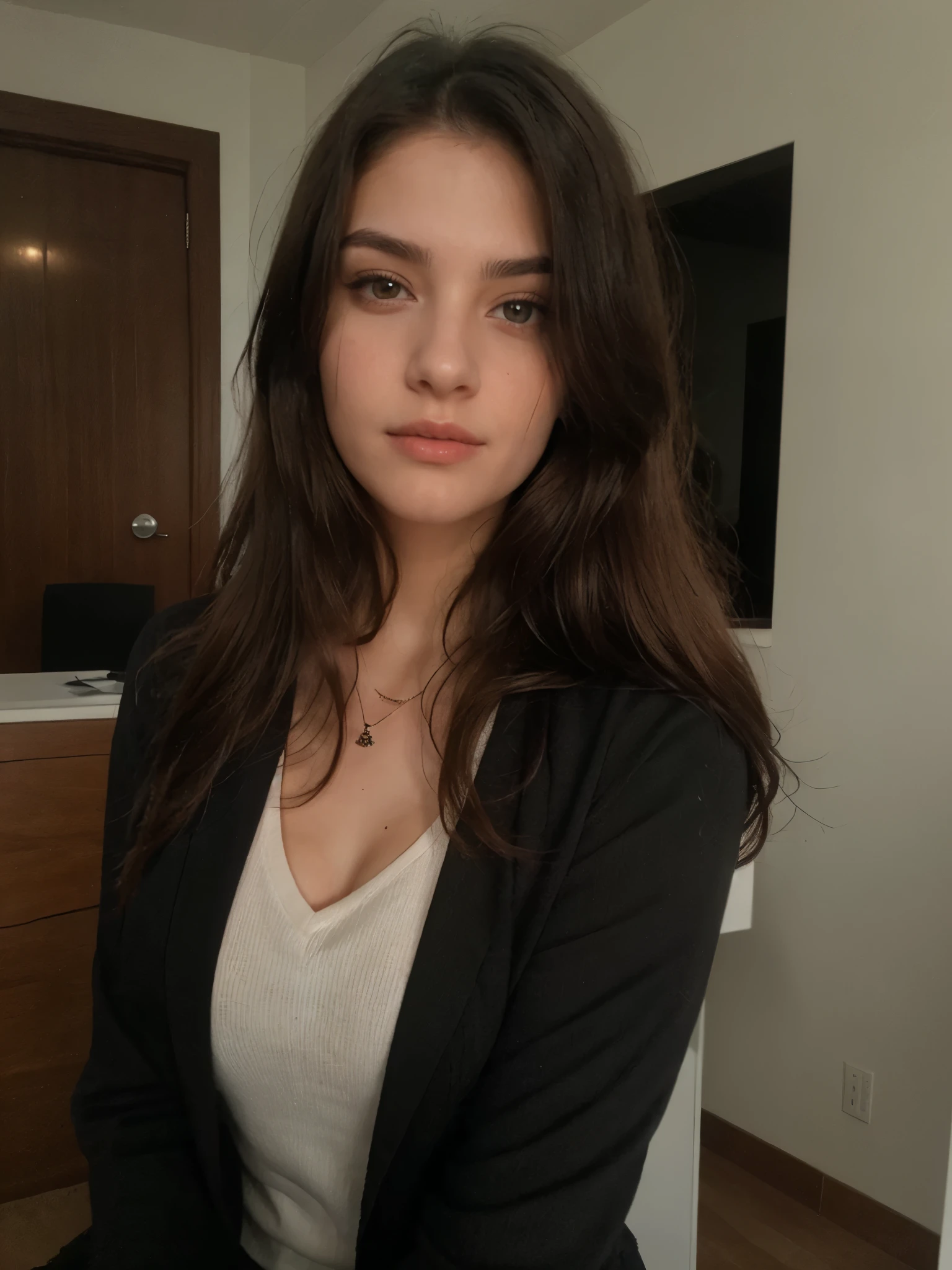 young woman with long brown hair, wearing a black blazer with a white blouse inside, ultra realistic, perfect and clear face
