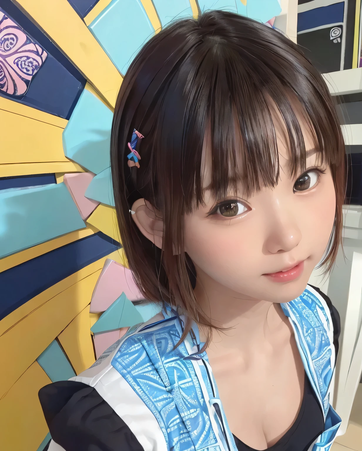 (ultra-detailliert背景、detailedbackground)、absurderes、Hi-Res、ultra-detailliert、ighly detailed、1girl in、(colourfullのフルーツ:1.3)、(Zentangle:1.2)、(Geometry:1.2)、(colourfull)、A slender、tiny body、flat body、Faces of junior high school students