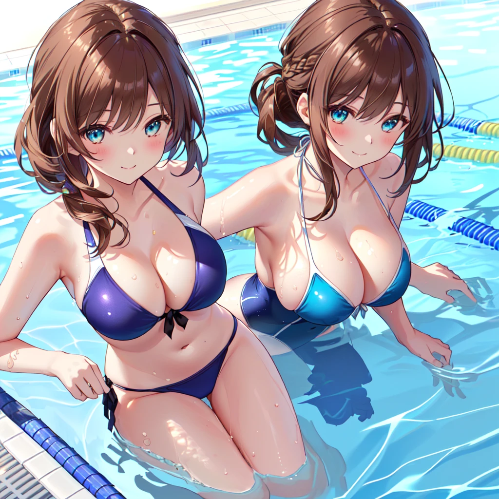 (masutepiece, extremely detailed CG Unity, 8k wallpaper:1.5), (beutiful breast, Farbe_aberration, beautiful detailed shadow, Beautiful eyes,Beautiful body, Beautiful skin, beautifull hands:1.5), (鮮やかやFarbe彩, Realistic, hyper realisitic:1.5), (Curve, Farbe気, Seductive smile:1.3), (Shiny hair, Brown hair, 茶Farbeい目:1.5), (swimming pools:1.5), delicate patterns, intricate detailes, red blush, shinny skin,Seductive Anime Girl, beautiful alluring anime woman, Unparalleled beauty, Shiny and firm skin, (cleavage of the breast, large udder), Beautiful and nice girl, kindly smile, side poneyTail, Bikini that emphasizes the body line, Blue swimsuit,
