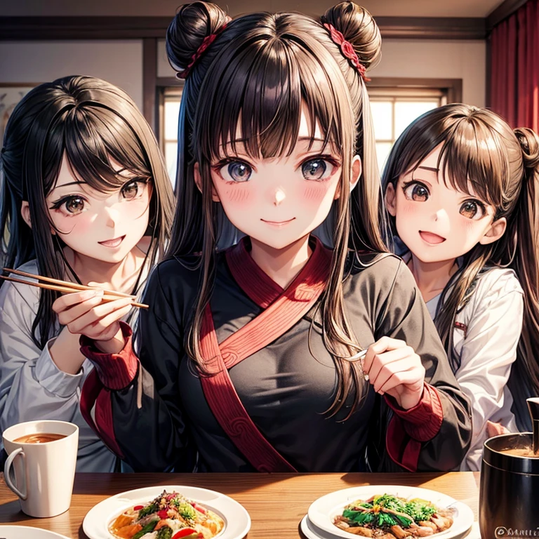 animesque、a beauty girl、Adult woman、a room、Family Gatherings、Dining、pans、chopsticks、a smile、Brown hair、Black eyes glow、へにょへにょしたa smile、Bun hair