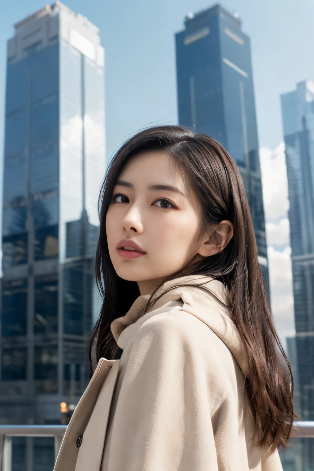 (best quality, masterpiece, RAW photo,ultra-detailed:1.2), 1girl ,looking at viewer, rooftop, from above, city,