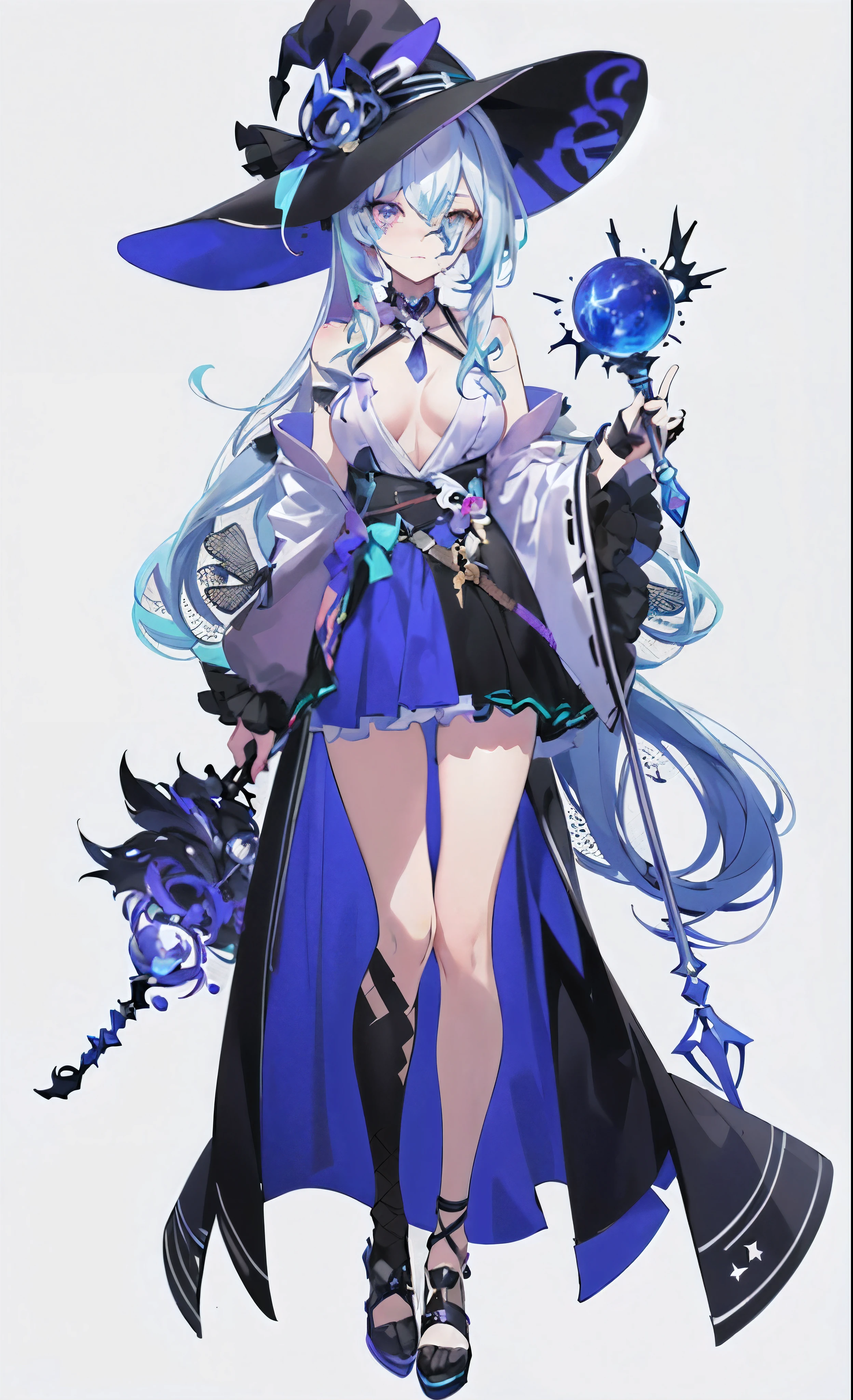 Close up of person wearing skirt holding staff,Bigchest, Anime full body illustration, full body adoptable, Exquisite anime character design, anime vtuber full body model, Astral Witch Clothes, anime woman fullbody art, Cute anime waifu wearing nice clothes, Digital art on Pixiv, lunar themed attire, Popular topics on artstation pixiv