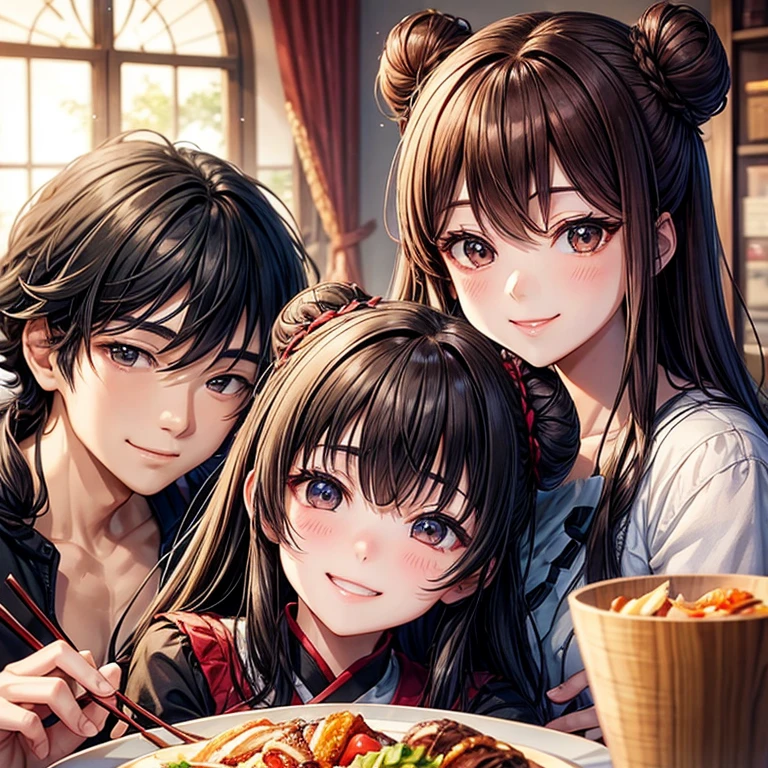 animesque、amorous、a room、Family Gatherings、Dining、pans、chopsticks、a smile、Brown hair、Black eyes glow、A slight smil、Bun hair