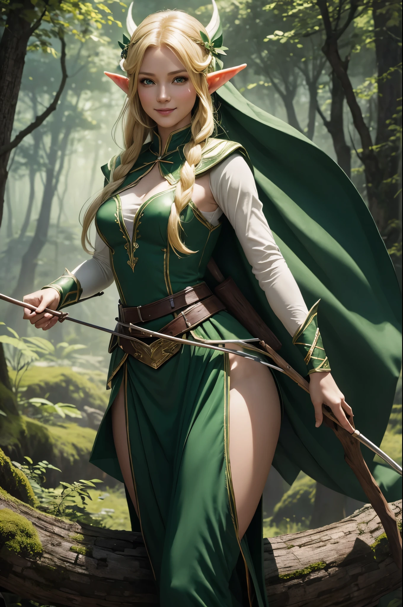 8K,Elf woman in green and white costume,Elven hunters,holding a bow(Precise bow details),Super beauty(Like the real thing)real looking skin,Fantasyart,character art,超A high resolution,A hyper-realistic,on a big branch,Big forest,Look at viewers,a smile,a blond,