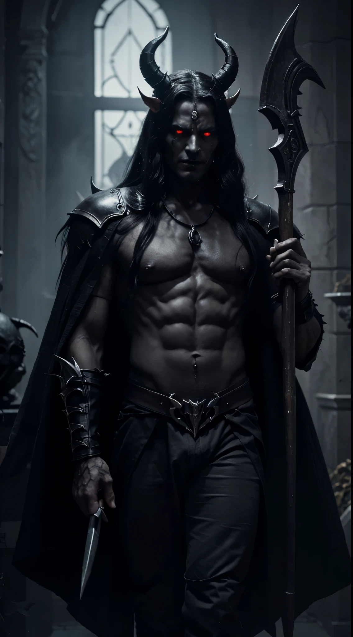 evil male demon with horns. holding a scythe, fit male demon with black horns, beautiful male god of death, demon lord, diablo digital concept art, dark fantasy style art, dark fantasy character design, the god hades, portrait of hades, diablo concept art, man male demon, demon necromancer, dark fantasy concept art.