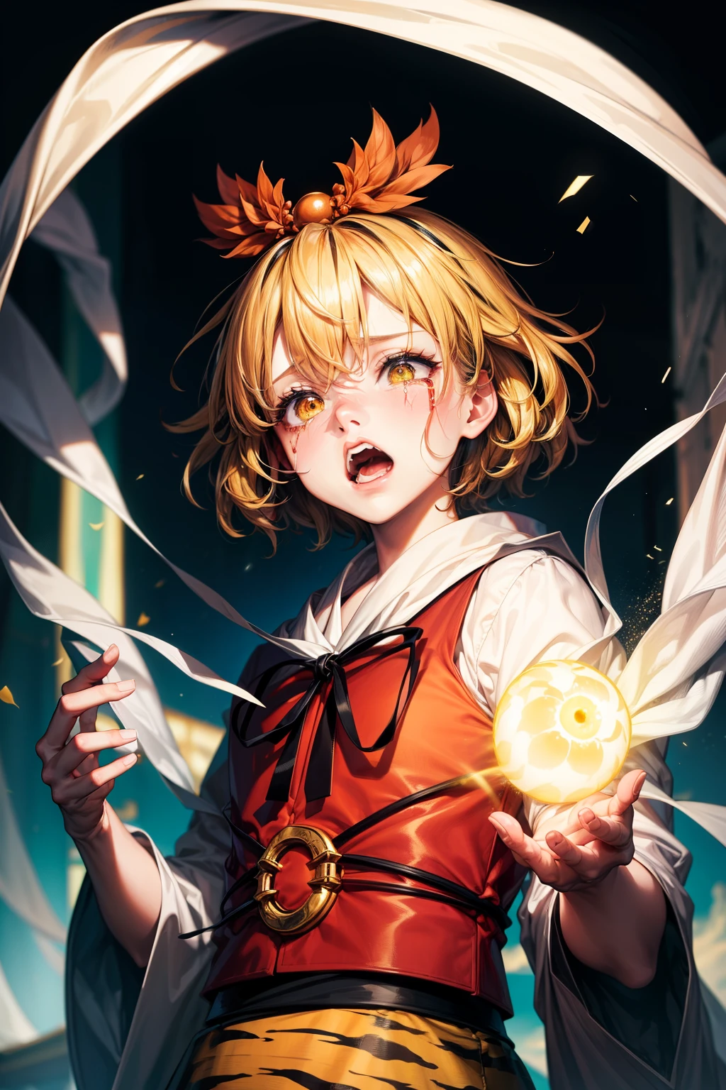 (masterpiece, top quality, best quality, beautiful and aesthetic:1.2), toramaru shou,1girl,blonde hair,multicolored hair,short hair,hair ornament,yellow eyes,shawl,ribbon, long sleeves, wide sleeves,shirt,tiger print,red skirt,white pants,japanese architecture, surprised, :o, beam, laser, glaring body, open box, box, open mouth, jaw drop, wide-eyed, panicking, horrified, screaming, sobbing, traumatized, turn pale, wavy mouth, glowing, glow, outer glow