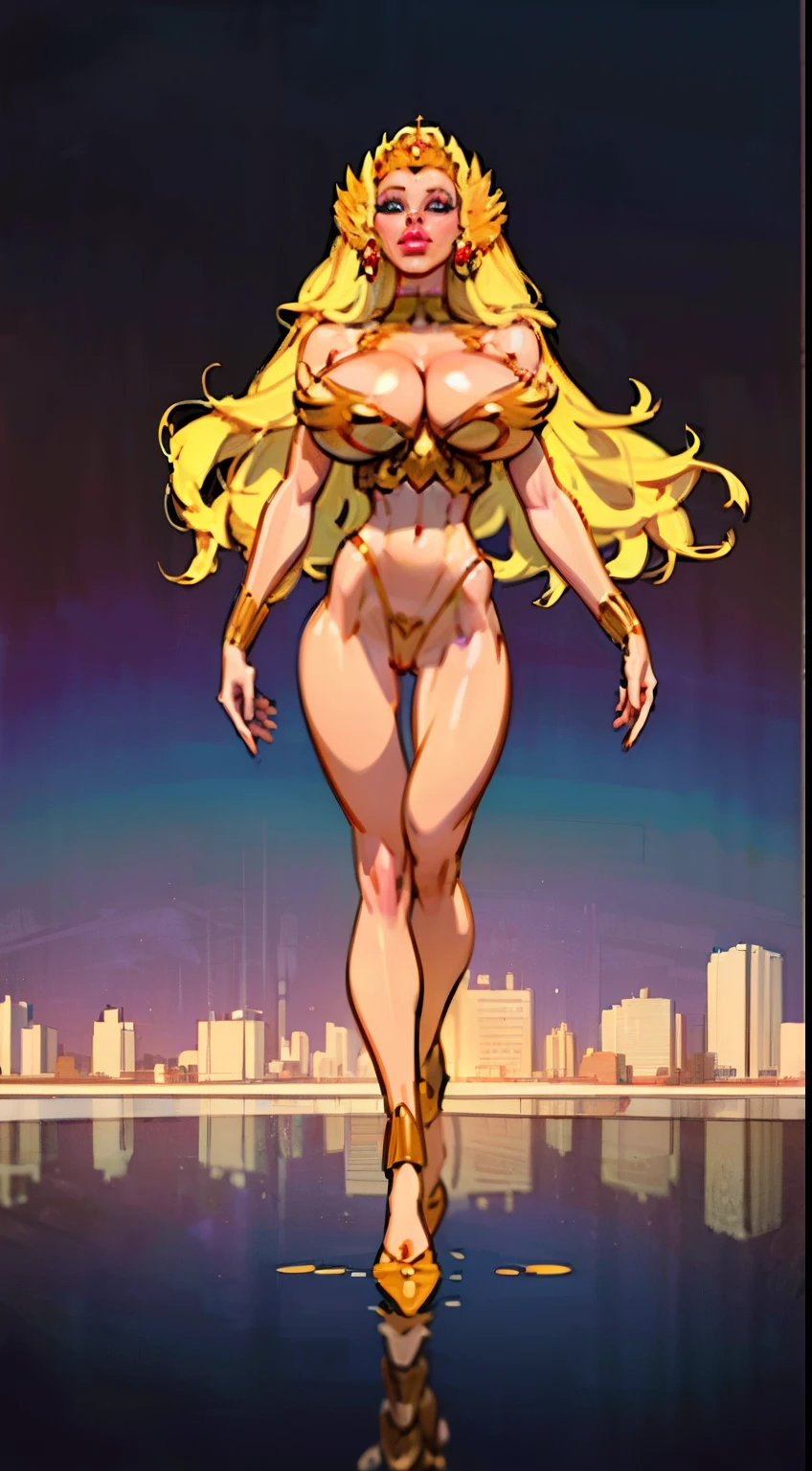 high quaLITY, DEATILED, ((full body view)), futuristic city background, (((masterpiece))),((best quality)),((detailed)),1girl,realistic,(robot_girl,Mecha):1.2,(breasts pressed together), (forehead crown), Ceramic body,Smooth shoulders, golden crown, (full puffy liplonde hair, she-ra aesthetic, (puffy lips:1.4), Network background,Extremely detailed city,(Translucent body.),Reflective skin),thigh_gap,Detail face,long_hair,8k,Best quality,Super delicate,(Surreal:1.4),(gigantic breasts:1.2),