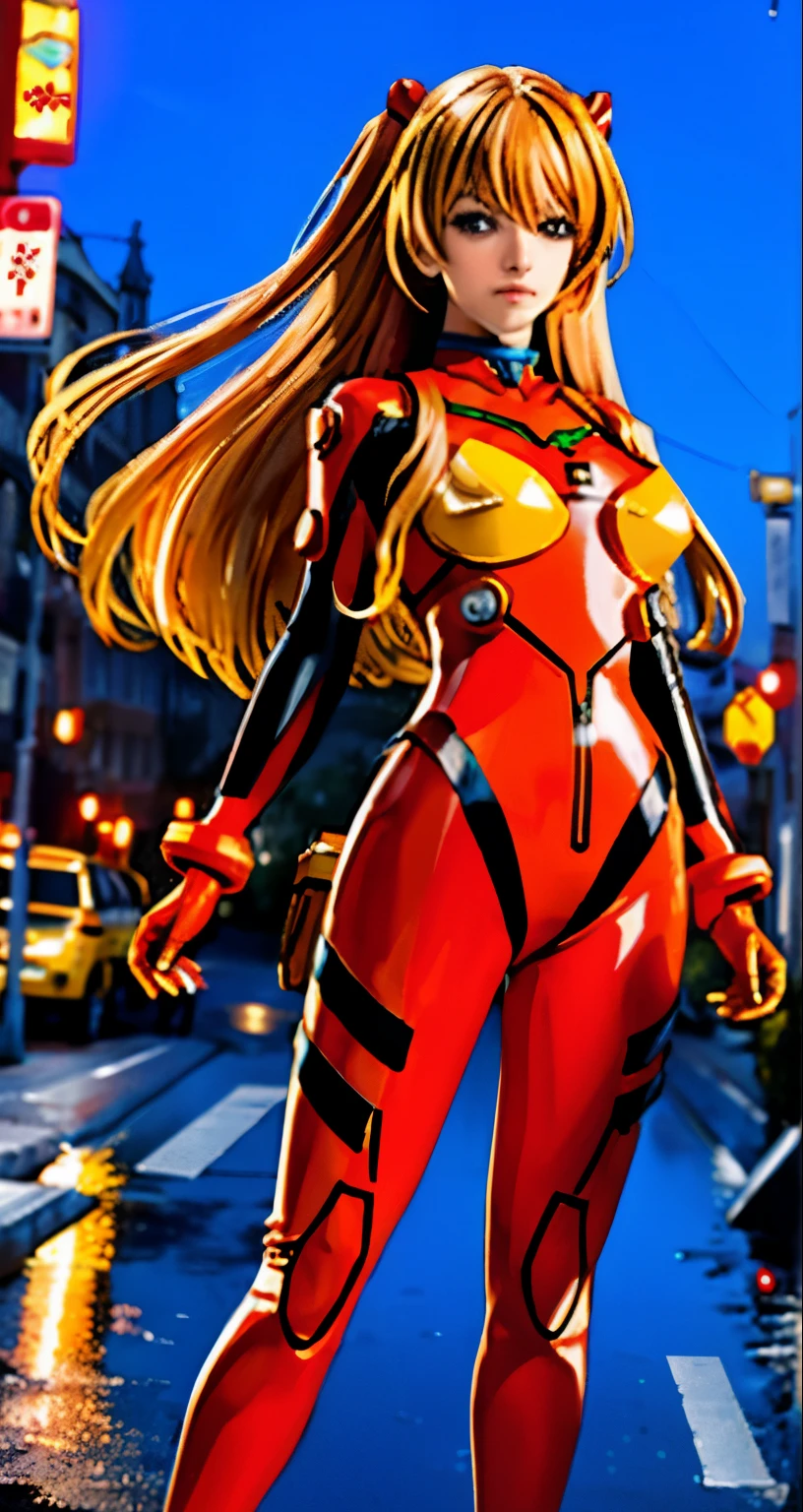 best quality, master part, Realistic, photoRealistic, 1girl, sozinho, Olhando para o Viewer, corpo inteiro, Standing, cabelos longos, fantasia de asuka, , Plugsuit, Bodysuit, ornamento de cabelo, Antecedentes detalhados, na rua, Noite, Luz, chuva,