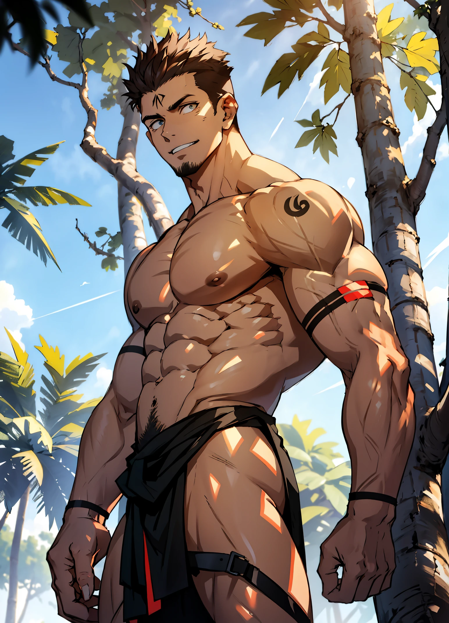 A mais alta qualidade de imagem, 8k, ultra-detalhado, Tanned skin glows in the sunlight filtered through the tree foliage, muscular body displays strength and virility while standing completely naked, full of confidence with his big erect cock , cabelos castanho avermelhados caem despretensiosamente sobre seus ombros largos, membro pulsante se destaca com seu tamanho impressionante, pronto para proporcionar prazer intenso e profundo, His eyes are attractive