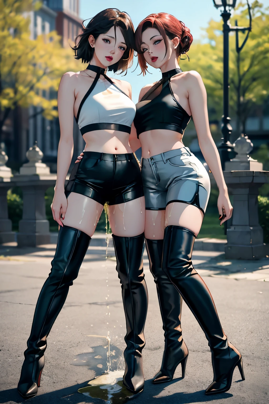 highres, beautiful women, high detail, good lighting, lewd, hentai, (((bike shorts))), (leather halter top), (bare midriff), (cameltoe), (((leather thigh high heel boots))), (bare thighs), (wet shorts), (((wetting herself))), (((peeing herself))), pee streaming down legs, peeing stain, (puddle), (thick thighs), nice long legs, lipstick, pretty face, (full body shot), ((in city park together with group of many beautiful lesbian women holding each other))