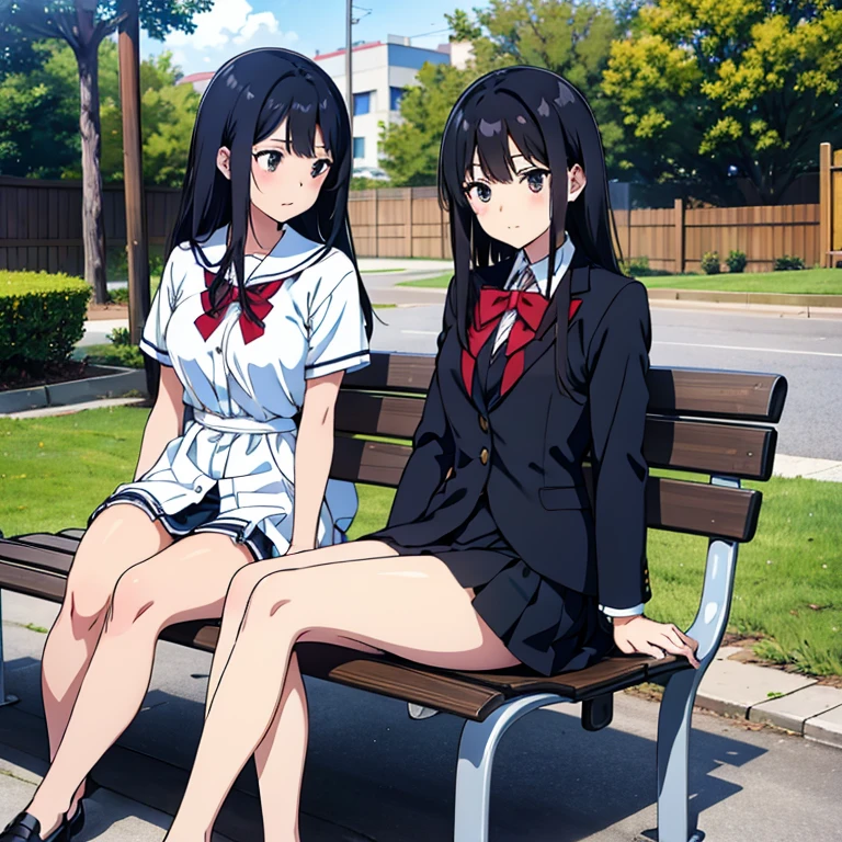 A high school girl with long black hair, bluish-black eyes, and fair skin, was sitting on a bench and some of her pretty friends were talking to her.