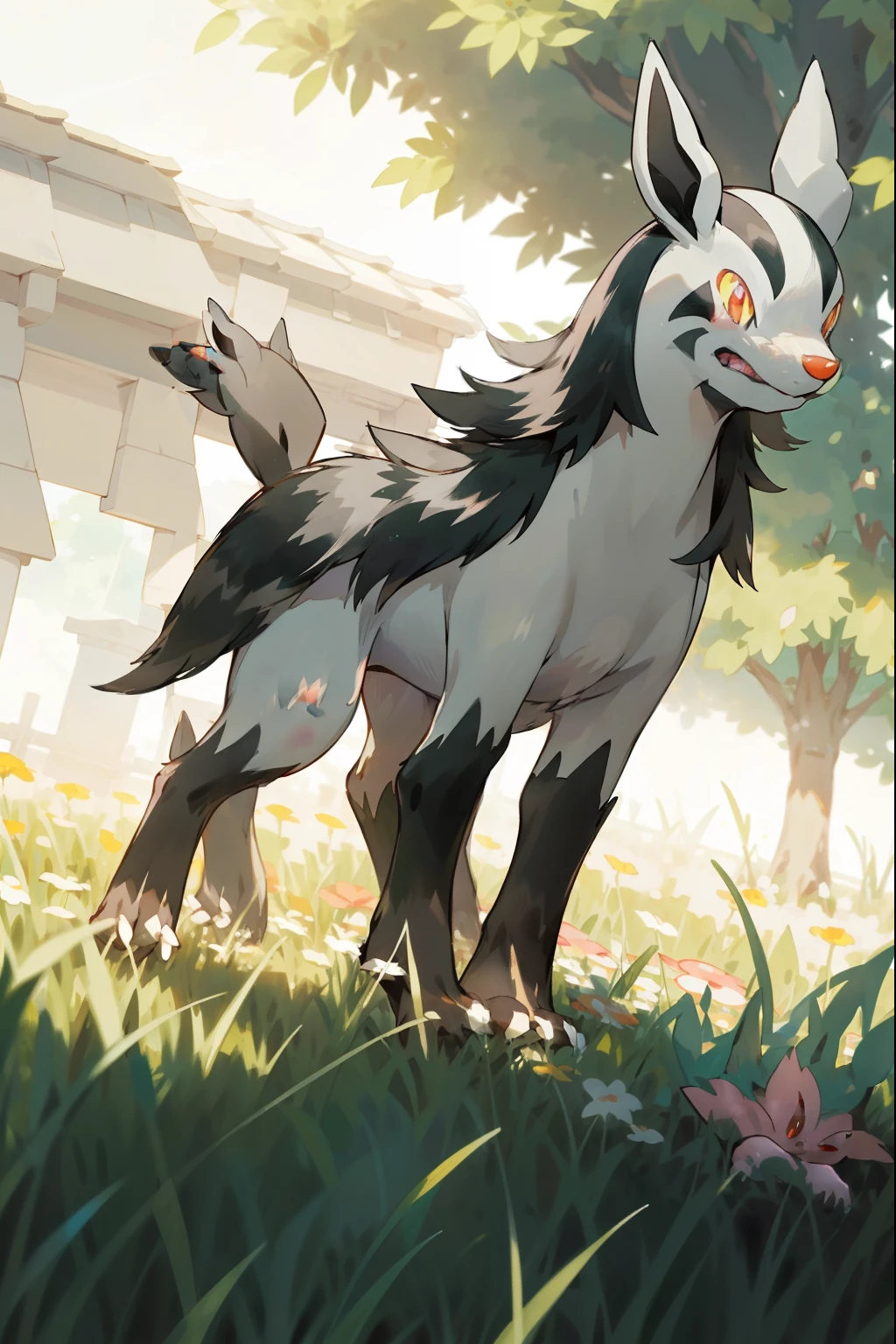 Mightyena、Graena、flower  field、grass field、cute little、Tiere、A pokémon、Graena、depth of fields, Perfect Lighting, Lightest particle quality),(masutepiece),light Particle,  rainbows, ,  blush, Smile, Solo, Furry, animal、Sunlight,