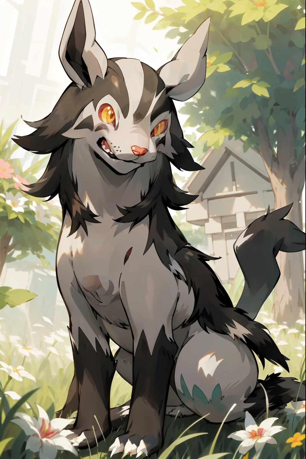 Mightyena、Graena、flower field、grass field、cute little、Tiere、A pokémon、Graena、depth of fields, Perfect Lighting, Lightest particle quality),(masutepiece),light Particle, rainbows, , blush, Smile, Solo, Furry, animal、Sunlight,