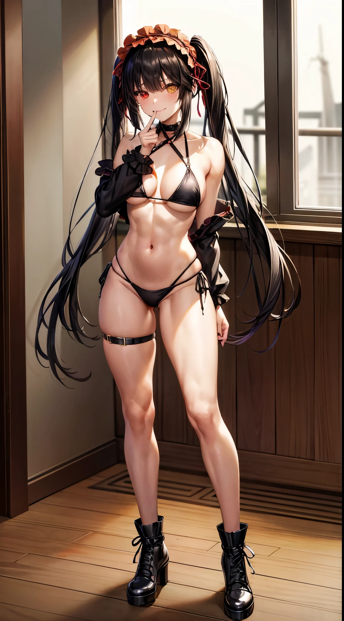 1 girl, bare shoulders, black hair, medium breasts, muscular legs, muscular belly, wide hips, thin waist, (((clock eyes))), (wearing a very short and sexy bikini), finger to mouth, ((( in motel room))), full body, goth, hairband, (standing), heterochromia, index finger raised, black high heel shoes, lolita hairband, long hair, Looking at Viewer, red eyes, smile, alone, symbol-shaped pupils, (Kurumi Tokisaki), twintails, uneven Double tails, yellow eyes,