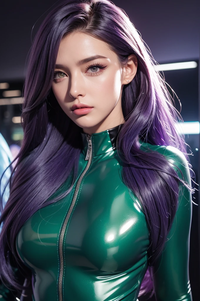 (best quality,8k:1.2,high resolution:1.2),ultra-detalhado,Realistic,science fiction female superhero,retro futurism,cabelo roxo,belos olhos detalhados,beautiful detailed lips,olhos e rosto extremamente detalhados,long eyelashes,purple and green latex jumpsuit,Pure pantyhose,Shiny Metal Accessories,Physically-based rendering