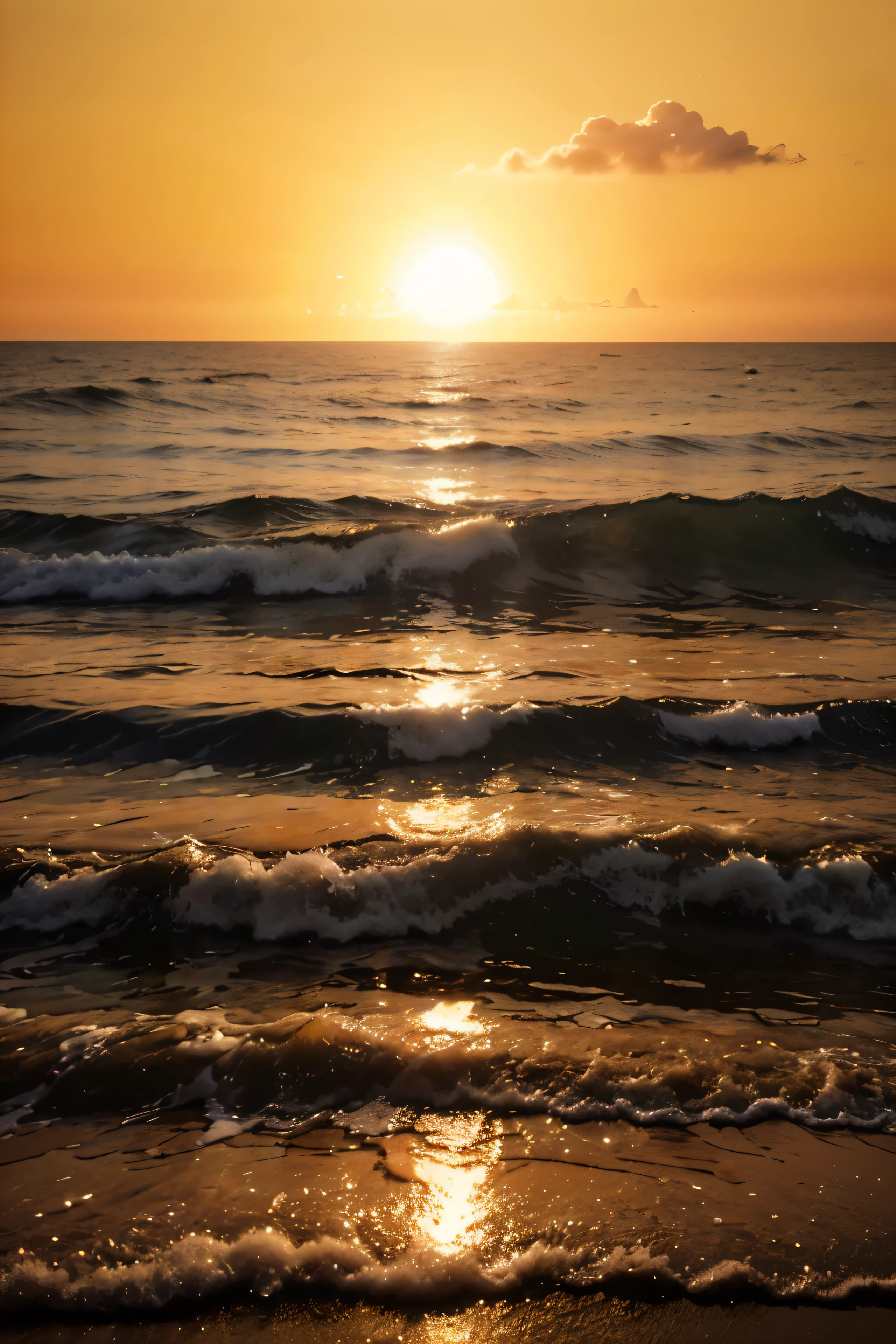(best quality,4k,8k,highres,masterpiece:1.2), ultra-detailed, (realistic,photorealistic,photo-realistic:1.37), HDR, UHD, studio lighting, ultra-fine painting, sharp focus, physically-based rendering, extreme detail description, professional, vivid colors, bokeh, portraits, sunset, landscape, ocean, super telephoto zoom, huge sun, bright orange, vibrant colors, shimmering waves, golden reflections, tranquil atmosphere.