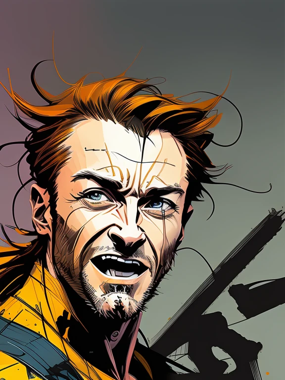 nvinkpunk, painting of wolverine, Hugh Jackman, high quality, fighting,long bread,