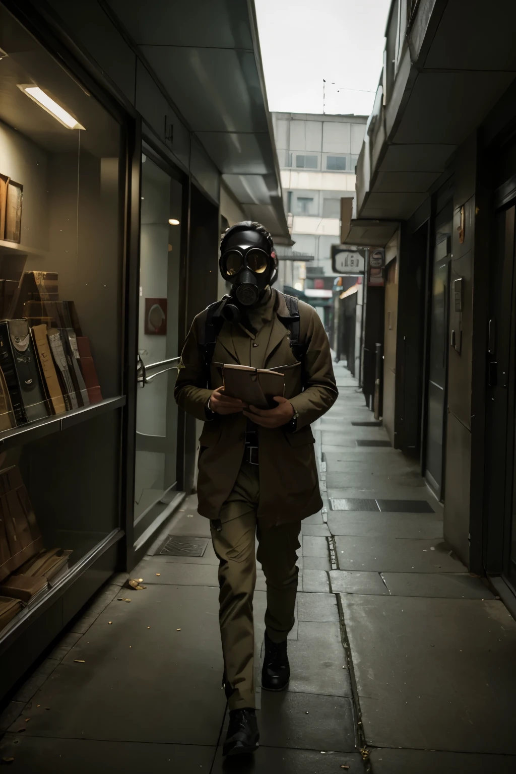 Man with gas mask, lendo livro, pants and coat