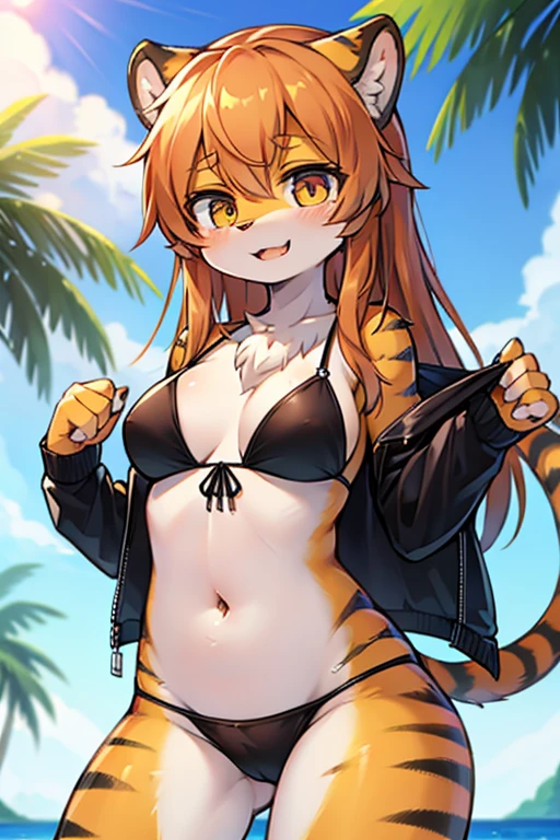 furry anthro tiger girl wearing a black bikini