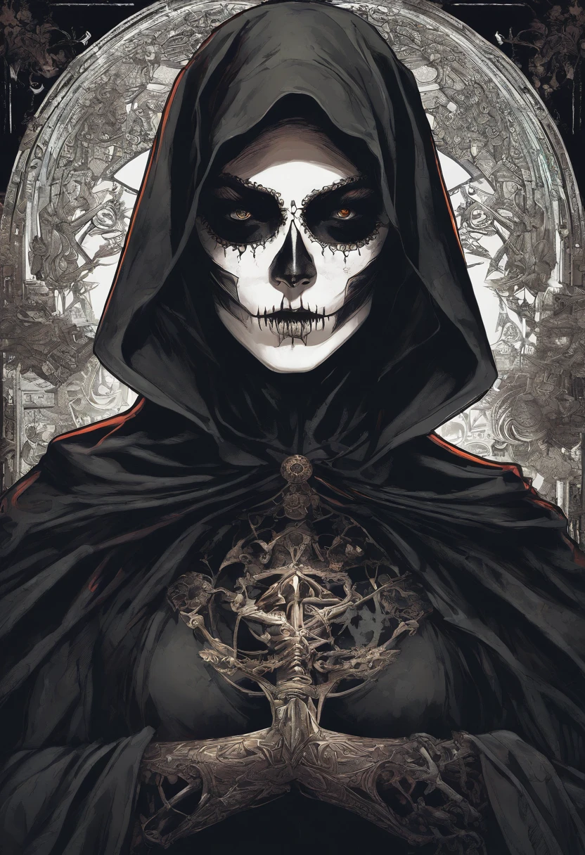 Santa Muerte, Best Quality, Digital Painting, Extremely Smooth, Fluid, 3D Fractales, Dark Participes, Hell, Black, Smooth Shimmering, Dark Color, 32k, Mysterious